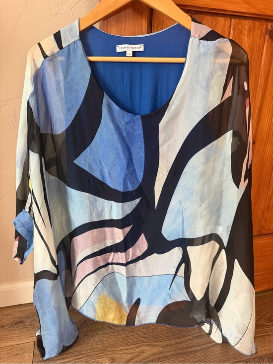 Tempo Paris Tops - Tempo Paris Abstract Print Silk Viscose Layered Top Made in Italy Size S/M Blue